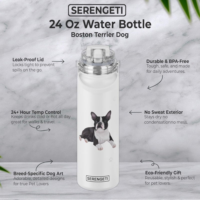 ES Pets SERENGETI 24 Oz Water Bottle Stainless Steel with Spill Proof Lid - Double walled Vacuum Insulated water flask - Realistic 3D Print of your favorite dog (Boston Terrier) - Image 2